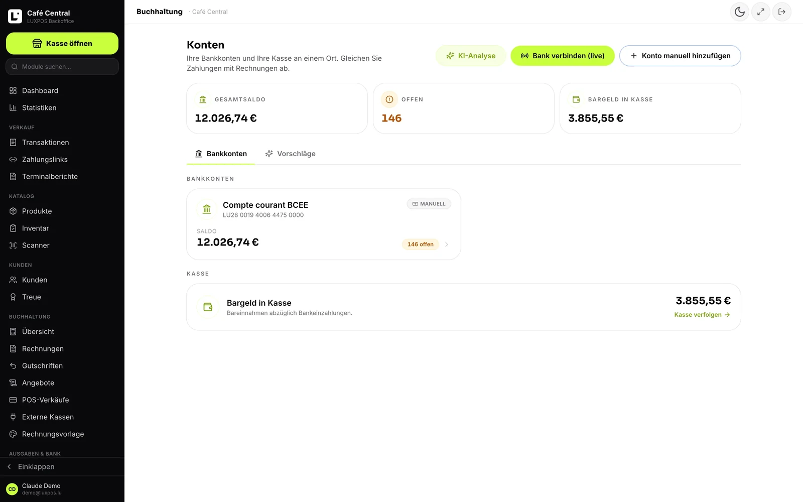 Banque — Comptes connectes, operations rapprochees des pieces.