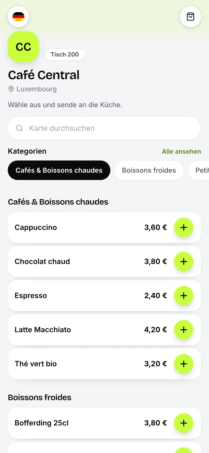 Carte client — Le client scanne, lit et commande depuis son telephone.
