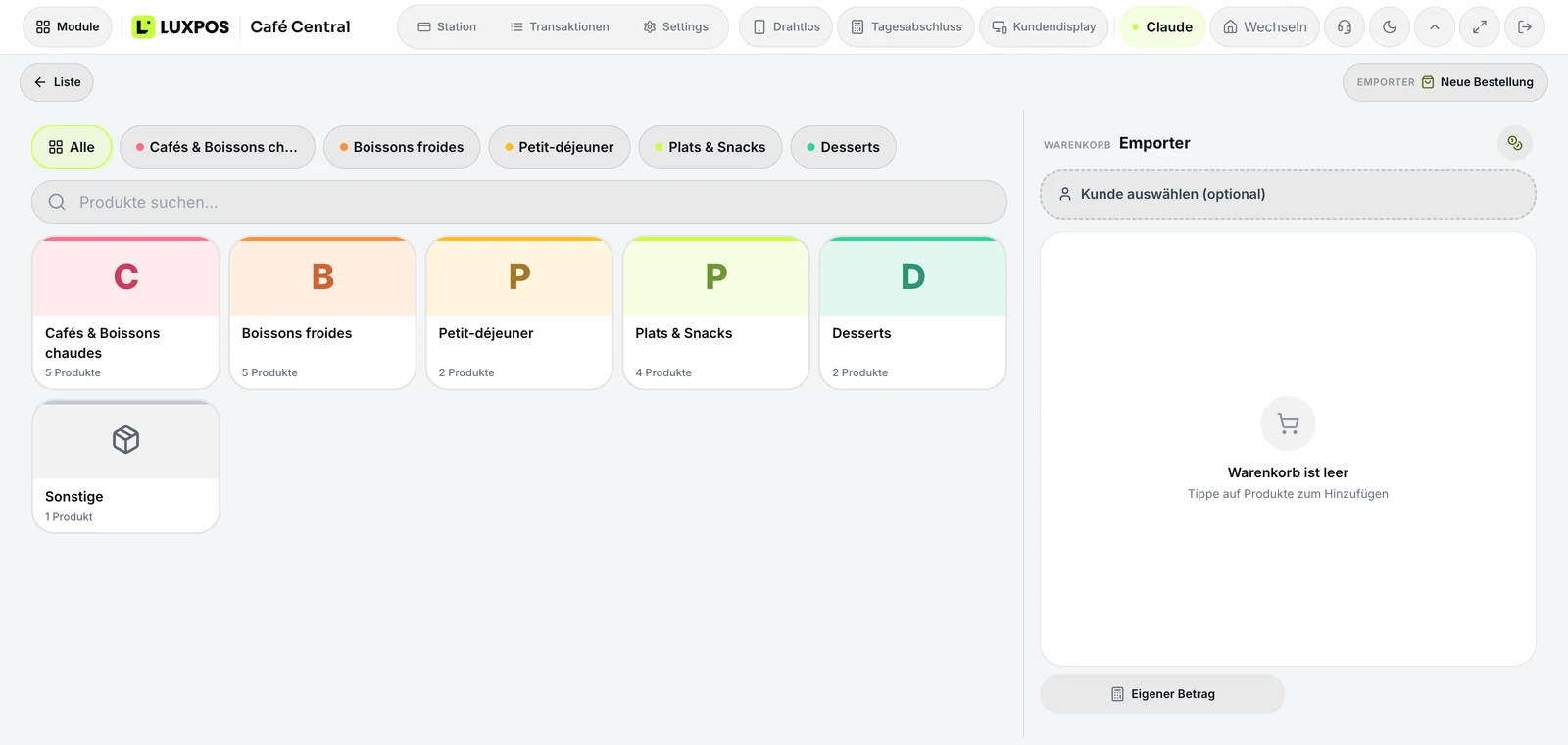 Commander — Categories, recherche, note en cuisine — deux touches jusqu au paiement.