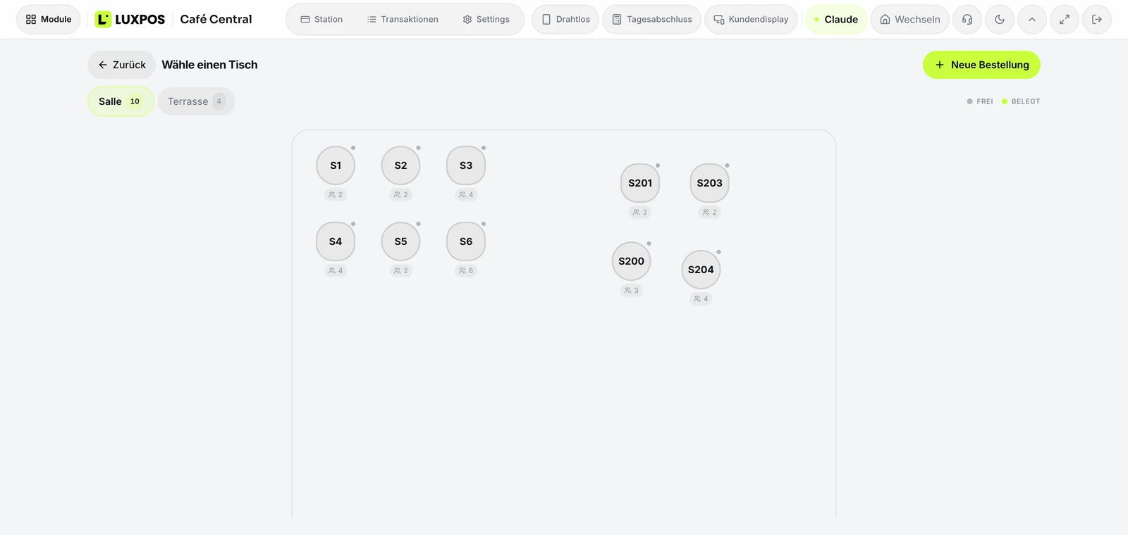 Plan de salle — Chaque table avec couverts et montant ouvert, identique sur tous les appareils.