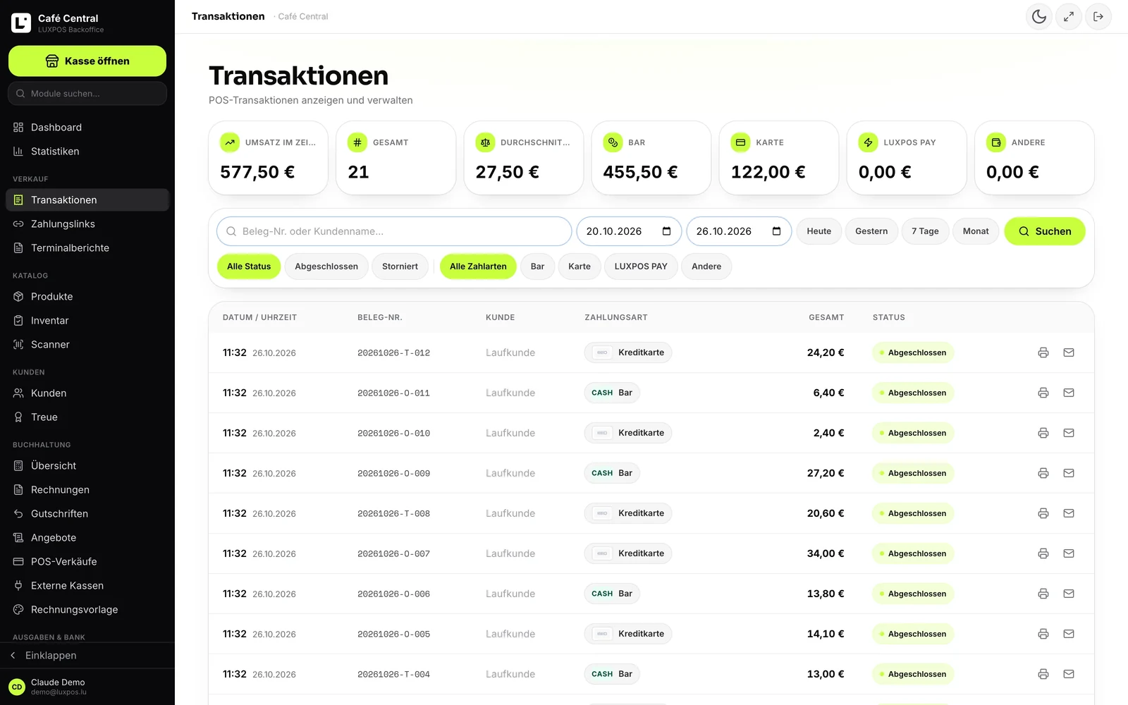 Transactions — Chaque ticket tracable, avec annulation, justificatif et mode de paiement.
