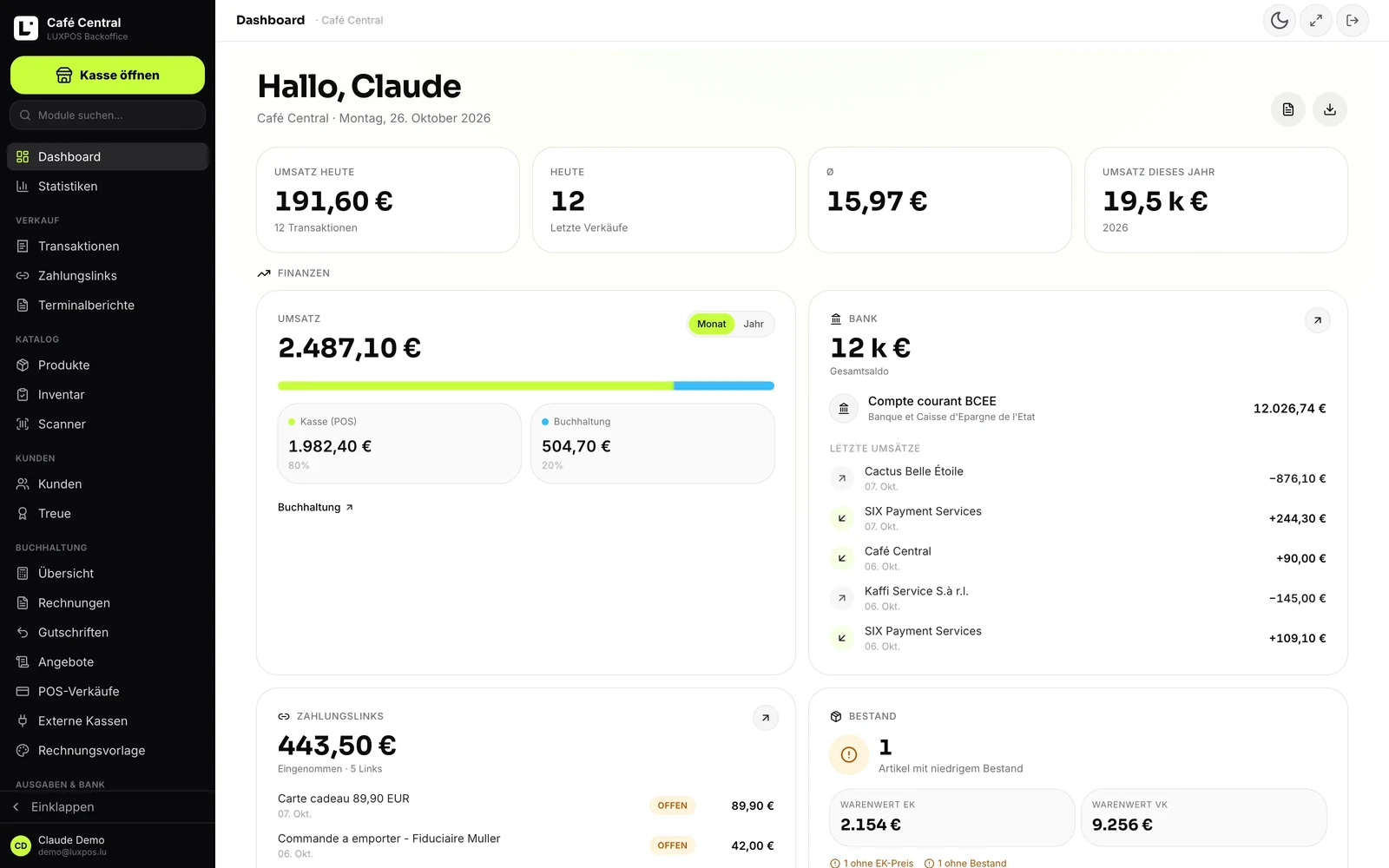 Back-office — Chiffre d affaires, banque, liens de paiement et stock sur un ecran.