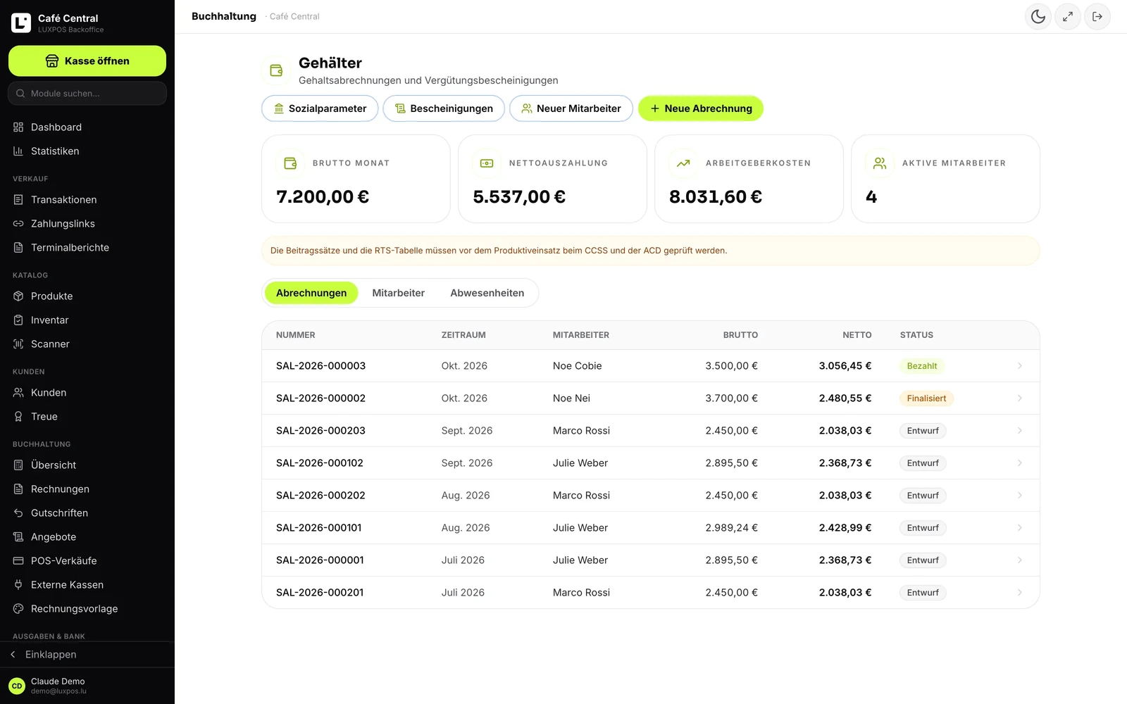 Salaires — Fiches de salaire au format du bureau de paie, conges et saisies inclus.