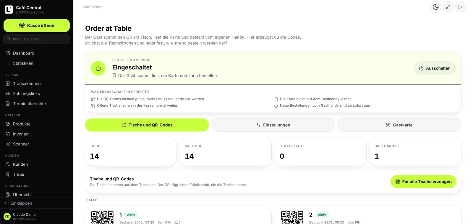 Order at Table — QR par table, chevalets a imprimer, validation par le service.