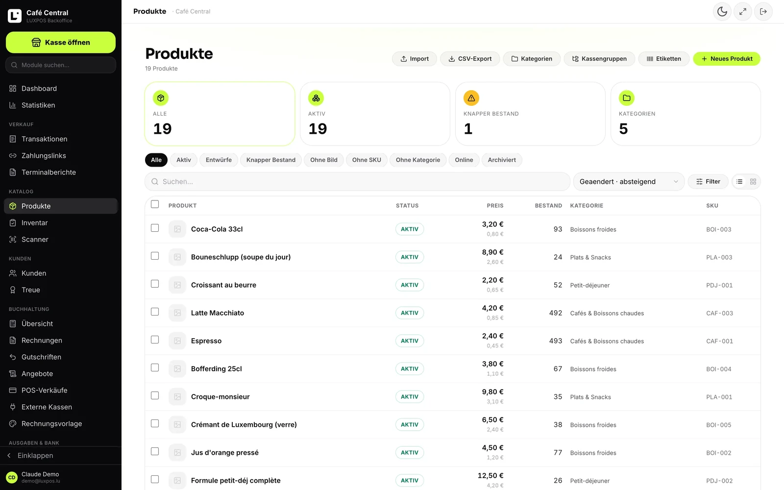 Catalogue — Variantes, prix degressifs, prix clients et stock par filiale.