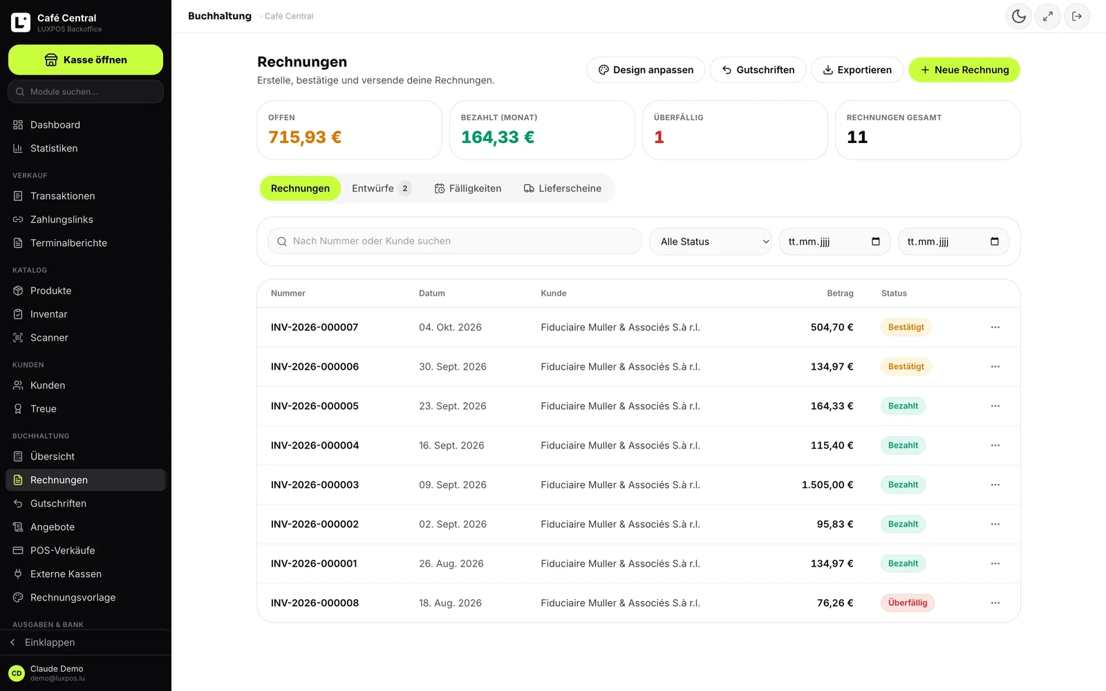Factures — Facture A4 avec ventilation TVA, relances et lien de paiement.