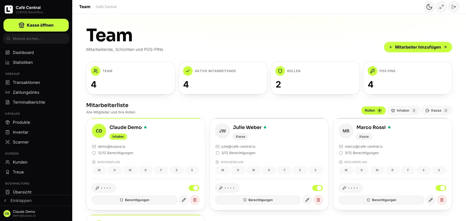 Equipe — Droits par role, code en caisse, heures et plannings.